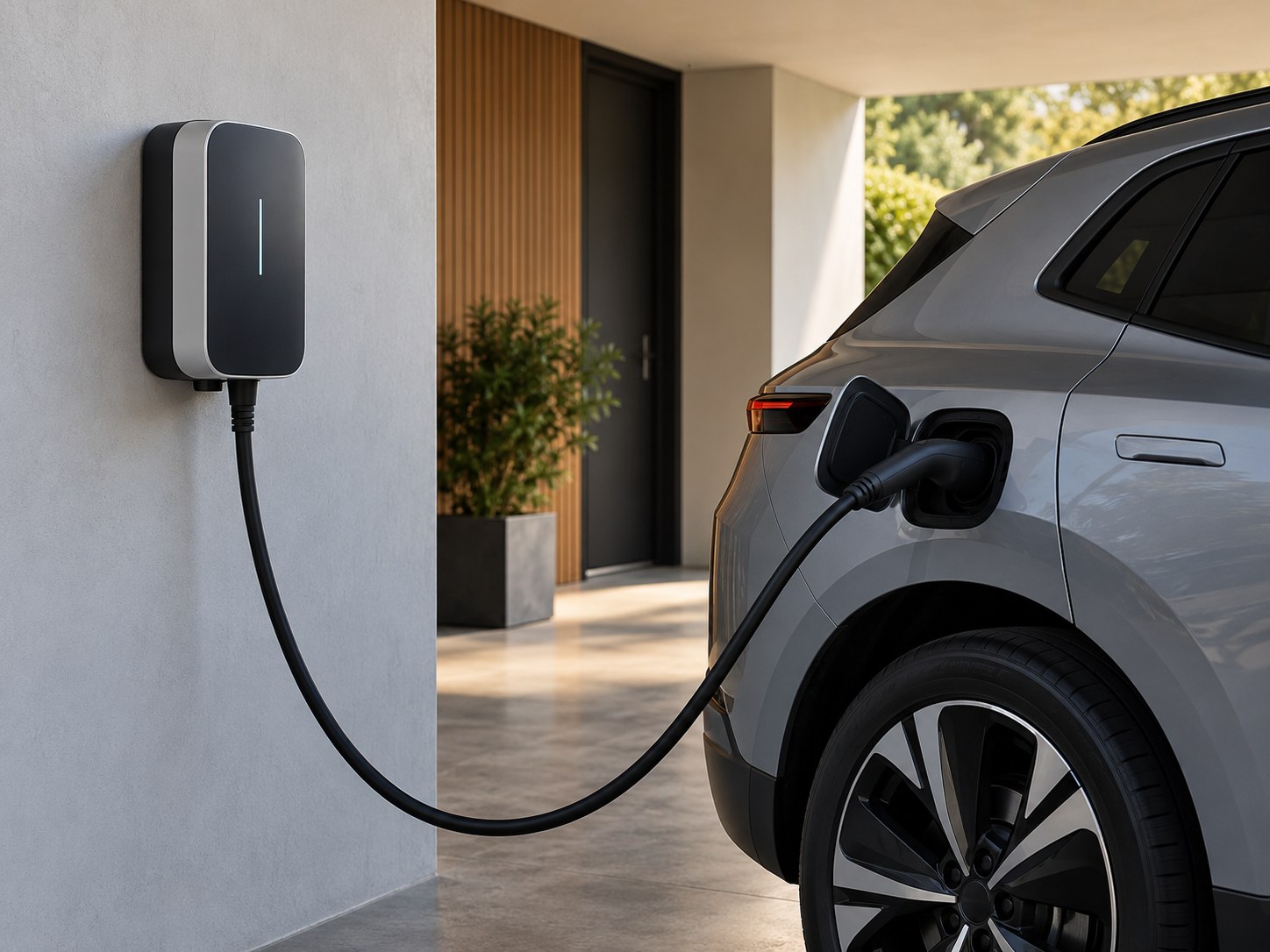 Wallbox instalada numa parede para carregamento de um automóvel elétrico